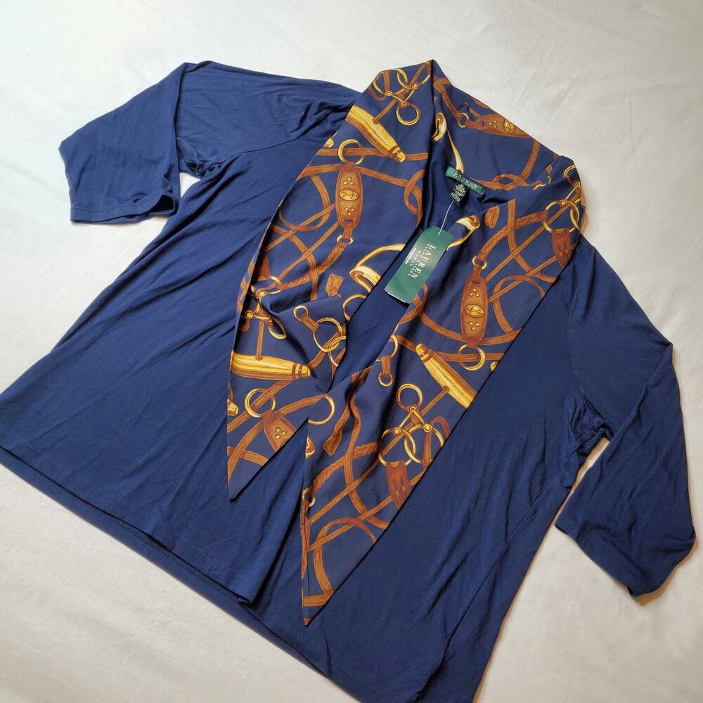 Ralph Lauren Women's Size 2X NWT Faux Scarf Pullover Top Equestrian Print Navy